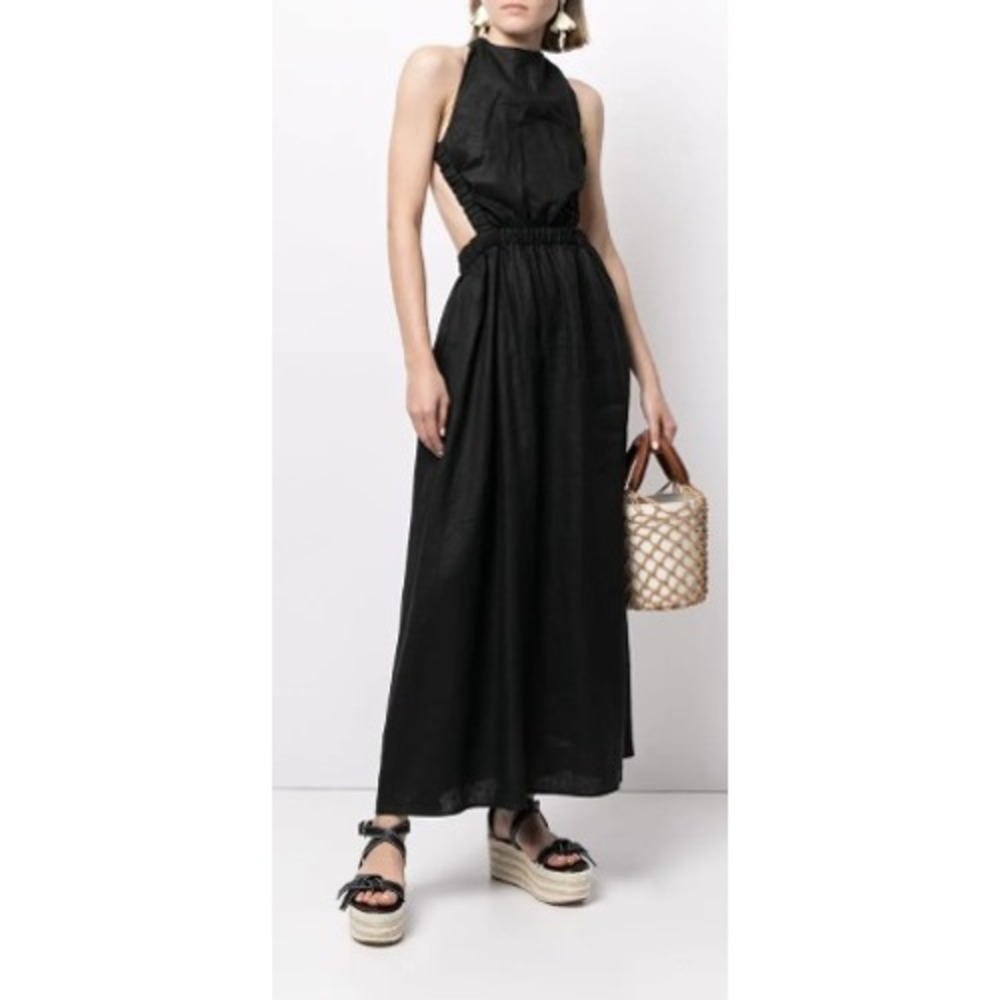 SIR The Label Alena Black Linen Cross Open Back Maxi Dress Size 2 US 6 Ruched